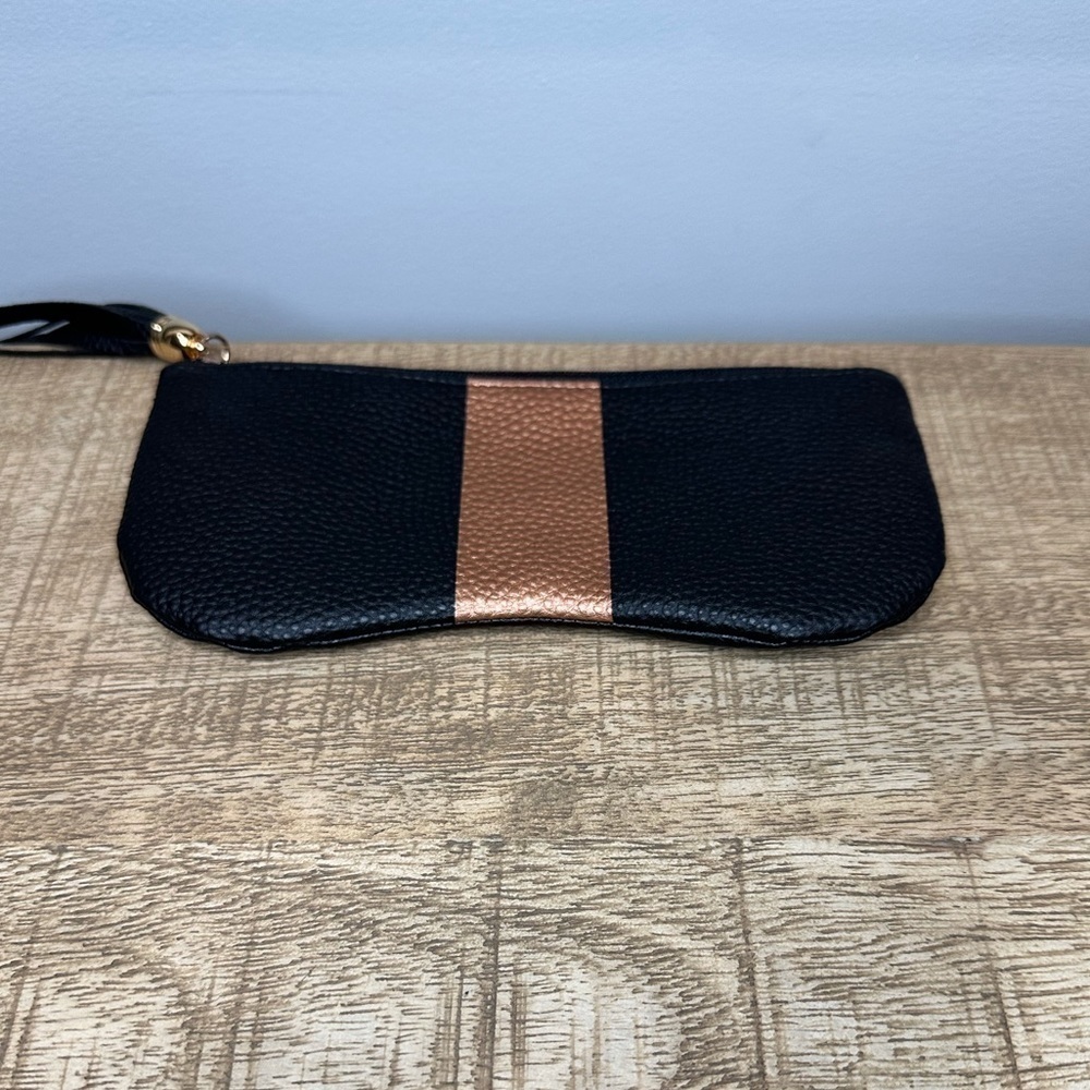 NEW Zigi & Marais Pouch Bag with Stripe Vegan Pebbled Leather Black Rose Gold - Picture 2 of 5